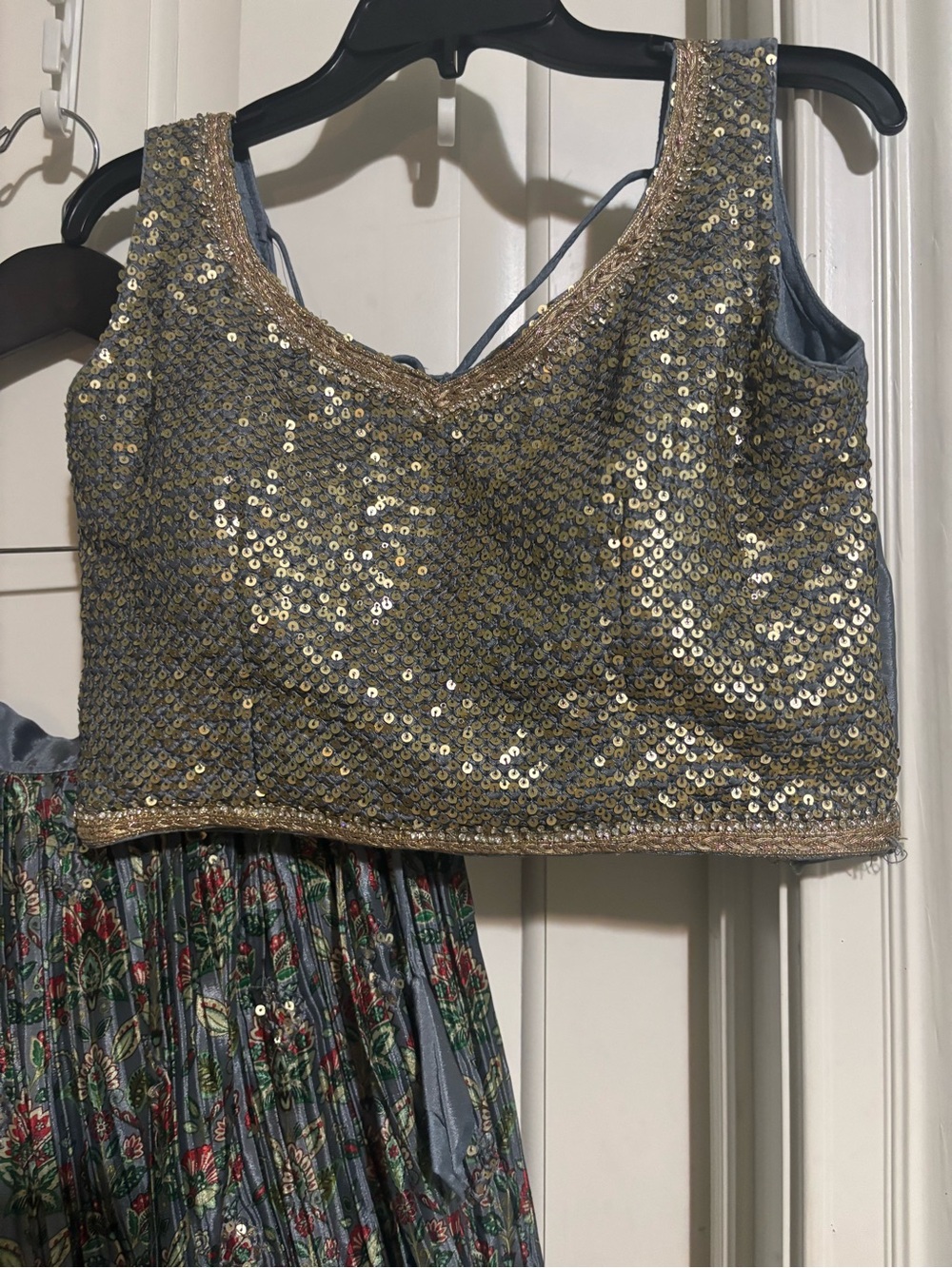 Silver color Gray Floral Sequined Lehenga Skirt, Choli & Dupetta . - Picture 5 of 14